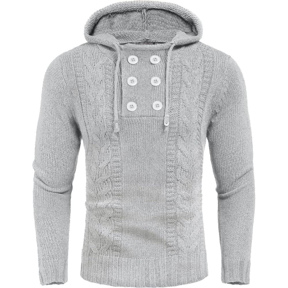 imageCOOFANDY Men Knitted Hoodies Pullover Casual Long Sleeve Slim Fit Turtleneck SweatersLight Gray