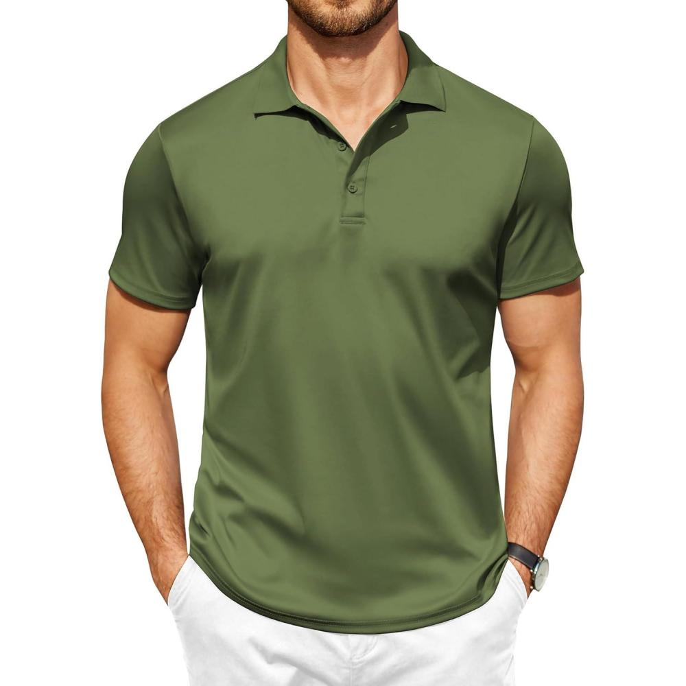 imageCOOFANDY Men Polo Shirts Short Sleeve Quick Drying Athletic Collared Golf Shirts Moisture Wicking TeesArmy Green