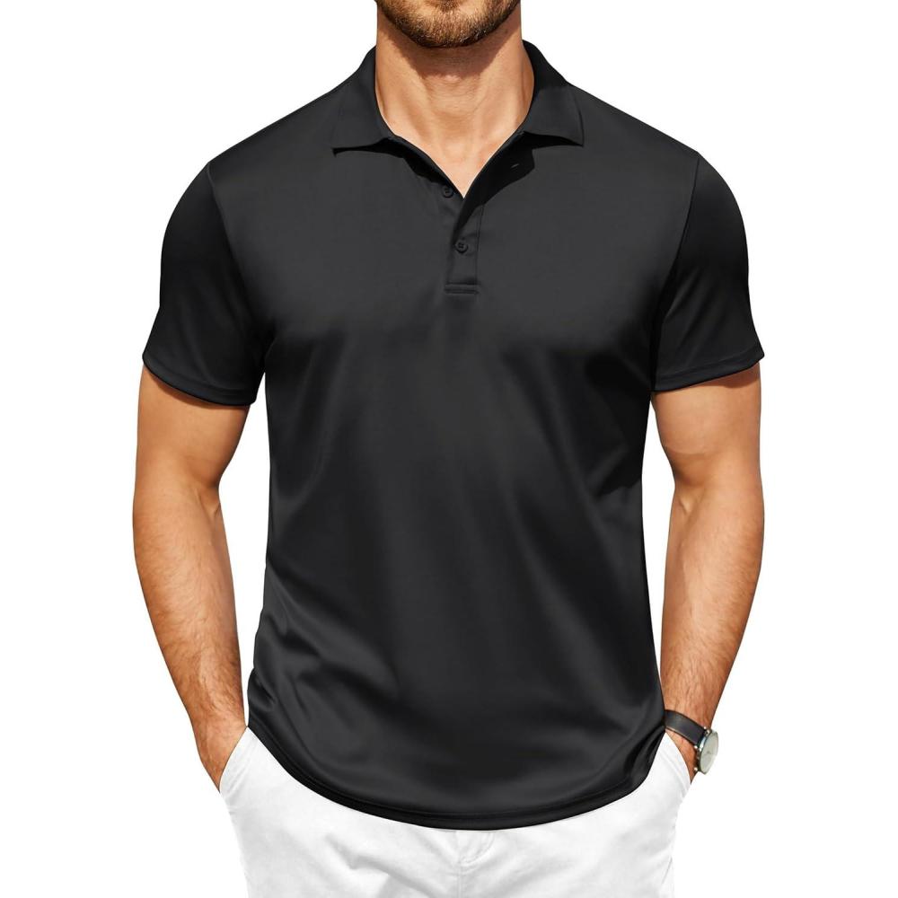 imageCOOFANDY Men Polo Shirts Short Sleeve Quick Drying Athletic Collared Golf Shirts Moisture Wicking TeesBlack