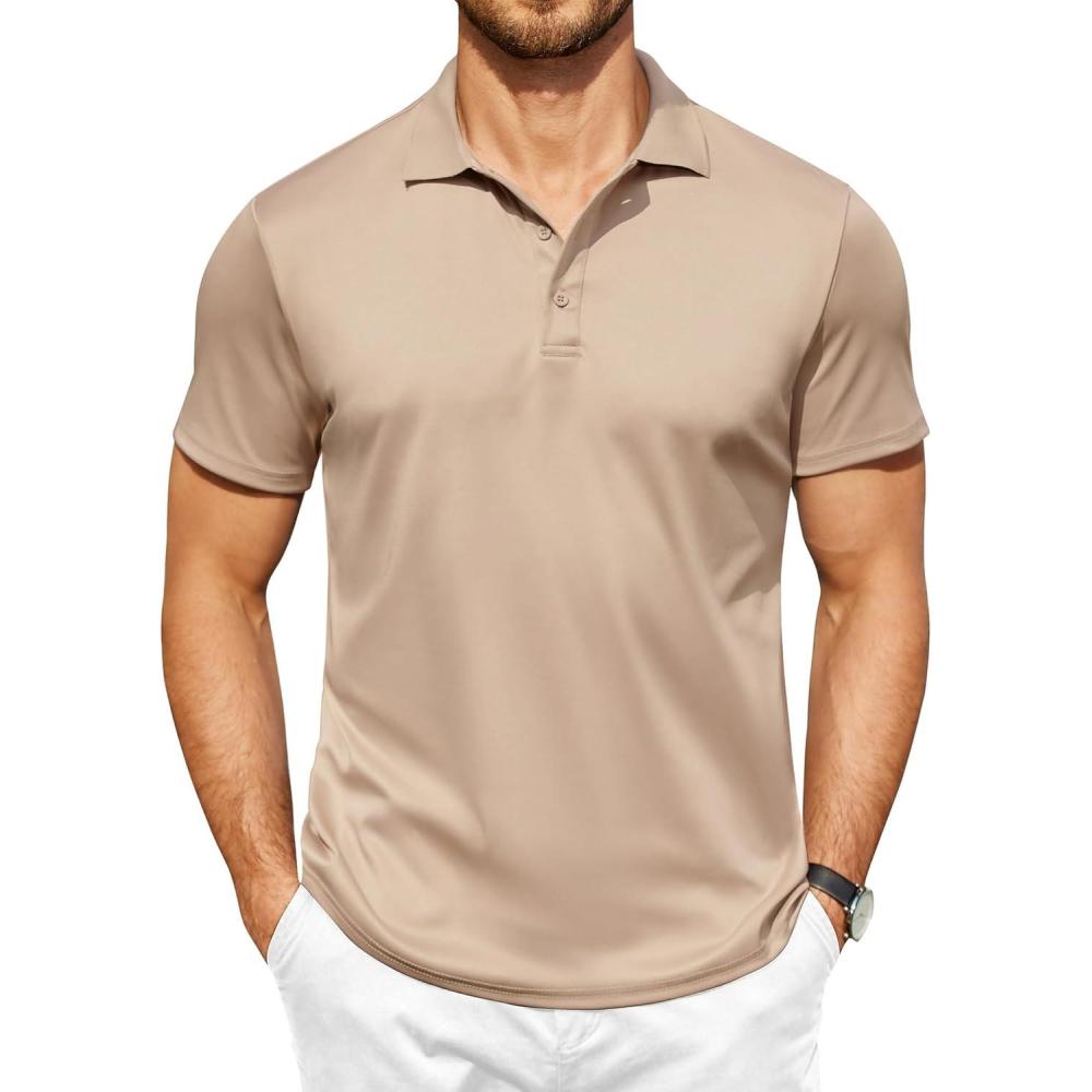 imageCOOFANDY Men Polo Shirts Short Sleeve Quick Drying Athletic Collared Golf Shirts Moisture Wicking TeesKhaki