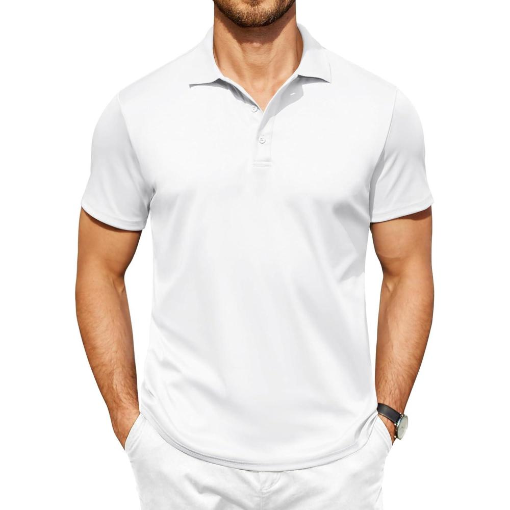 imageCOOFANDY Men Polo Shirts Short Sleeve Quick Drying Athletic Collared Golf Shirts Moisture Wicking TeesWhite