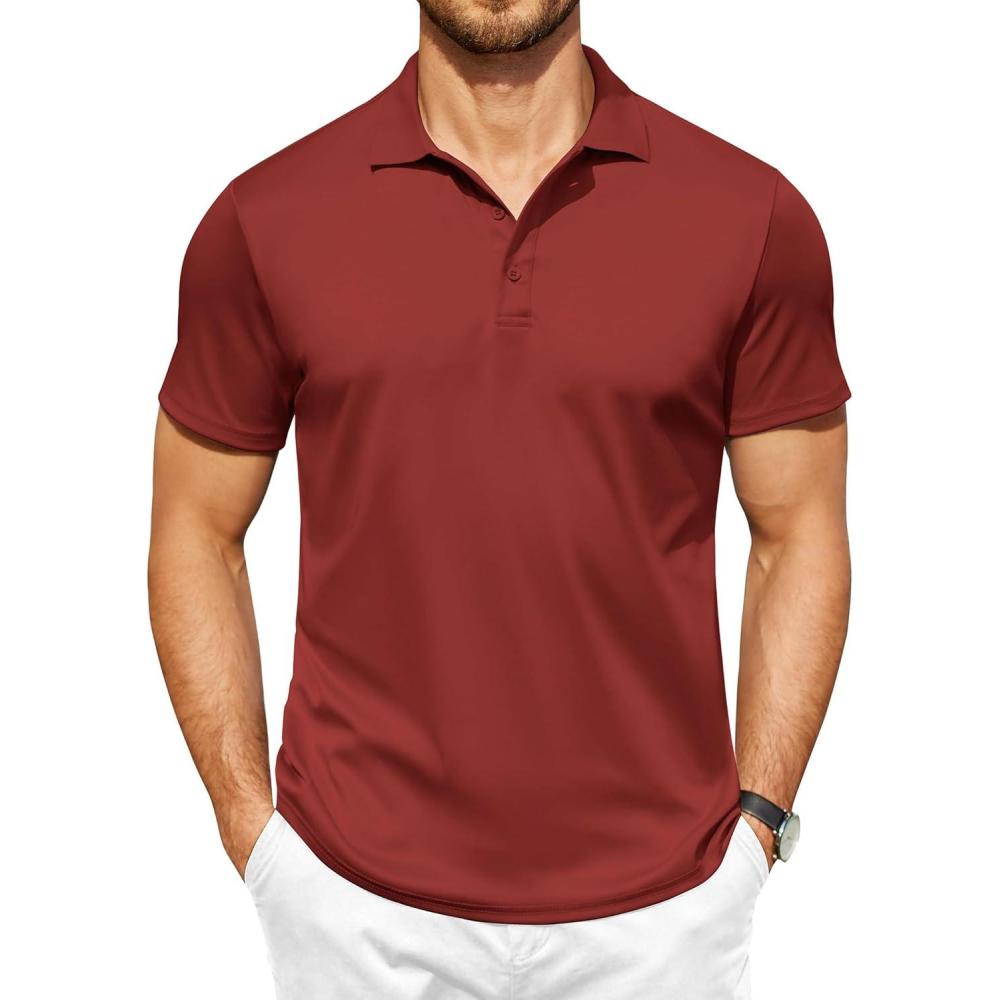 imageCOOFANDY Men Polo Shirts Short Sleeve Quick Drying Athletic Collared Golf Shirts Moisture Wicking TeesWine Red