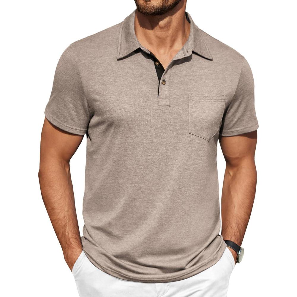 imageCOOFANDY Men Short Sleeve Polo Shirt Casual Summer Collar Shirts Dress Button Polo T Shirt Classic Golf ShirtsBeige