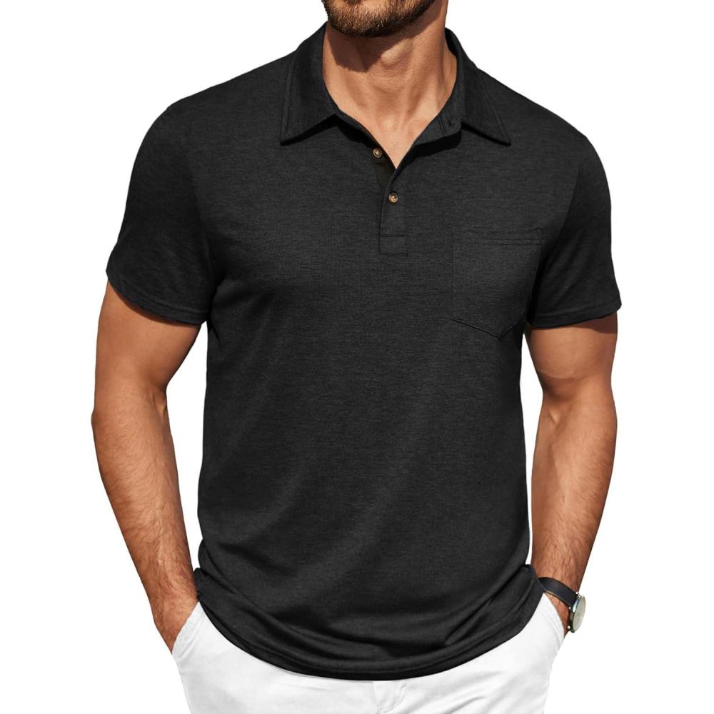 imageCOOFANDY Men Short Sleeve Polo Shirt Casual Summer Collar Shirts Dress Button Polo T Shirt Classic Golf ShirtsBlack