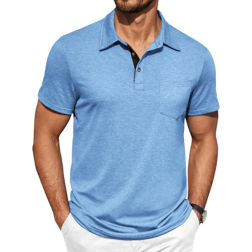 imageCOOFANDY Men Short Sleeve Polo Shirt Casual Summer Collar Shirts Dress Button Polo T Shirt Classic Golf ShirtsBlue