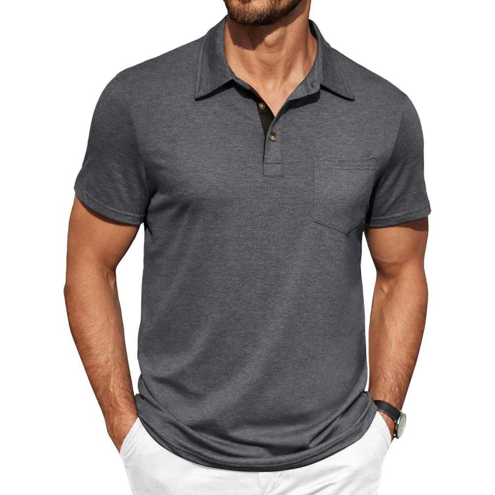 imageCOOFANDY Men Short Sleeve Polo Shirt Casual Summer Collar Shirts Dress Button Polo T Shirt Classic Golf ShirtsDark Grey