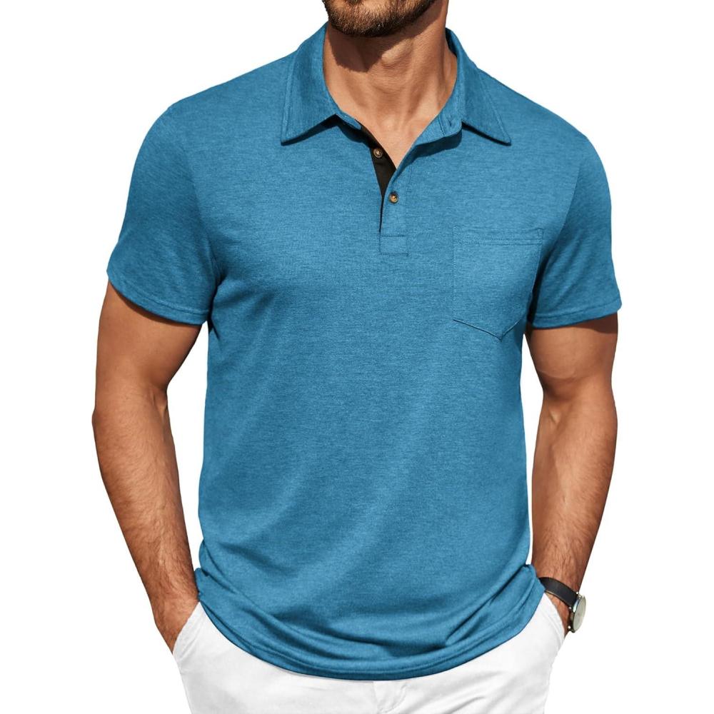 imageCOOFANDY Men Short Sleeve Polo Shirt Casual Summer Collar Shirts Dress Button Polo T Shirt Classic Golf ShirtsDeep Blue