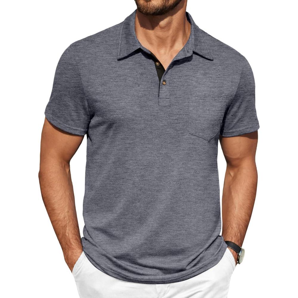 imageCOOFANDY Men Short Sleeve Polo Shirt Casual Summer Collar Shirts Dress Button Polo T Shirt Classic Golf ShirtsGrey