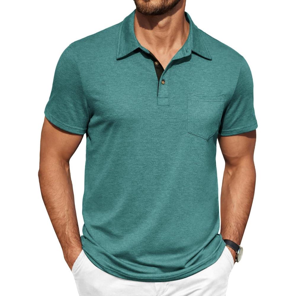 imageCOOFANDY Men Short Sleeve Polo Shirt Casual Summer Collar Shirts Dress Button Polo T Shirt Classic Golf ShirtsGrey Green
