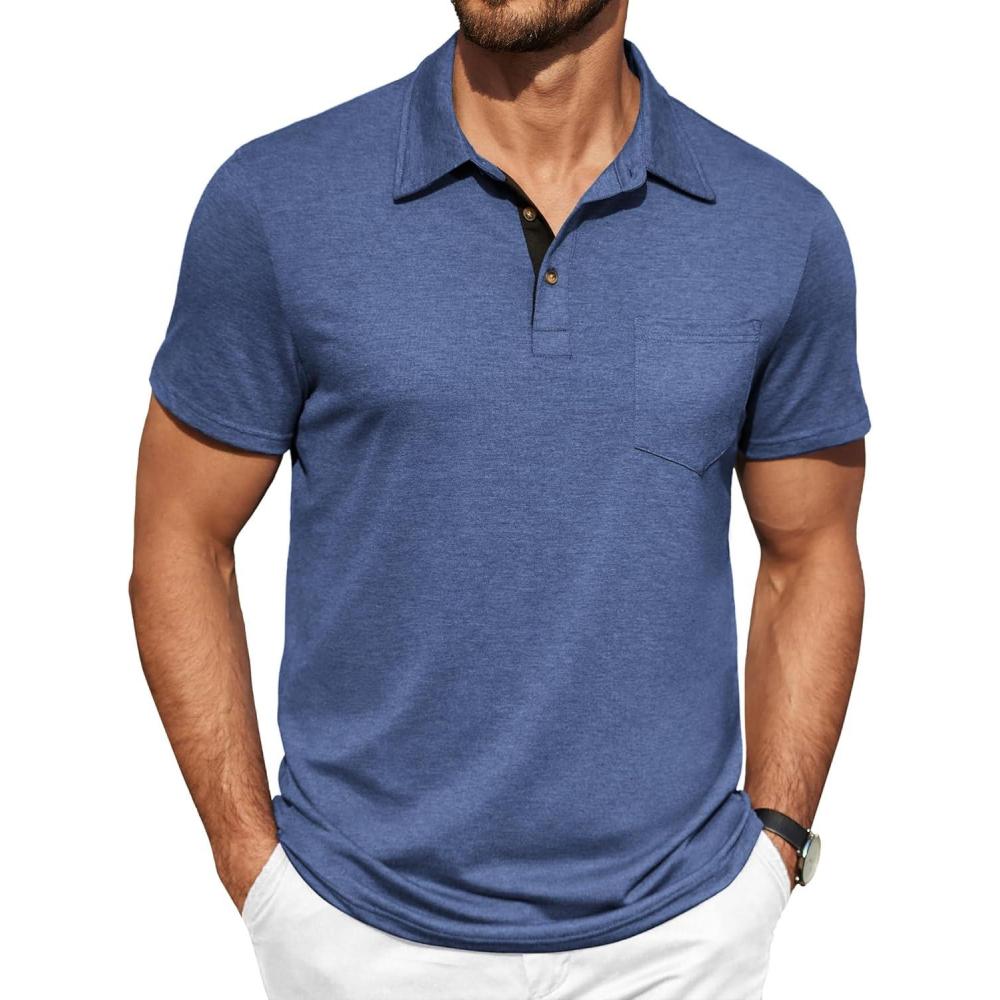 imageCOOFANDY Men Short Sleeve Polo Shirt Casual Summer Collar Shirts Dress Button Polo T Shirt Classic Golf ShirtsNavy Blue