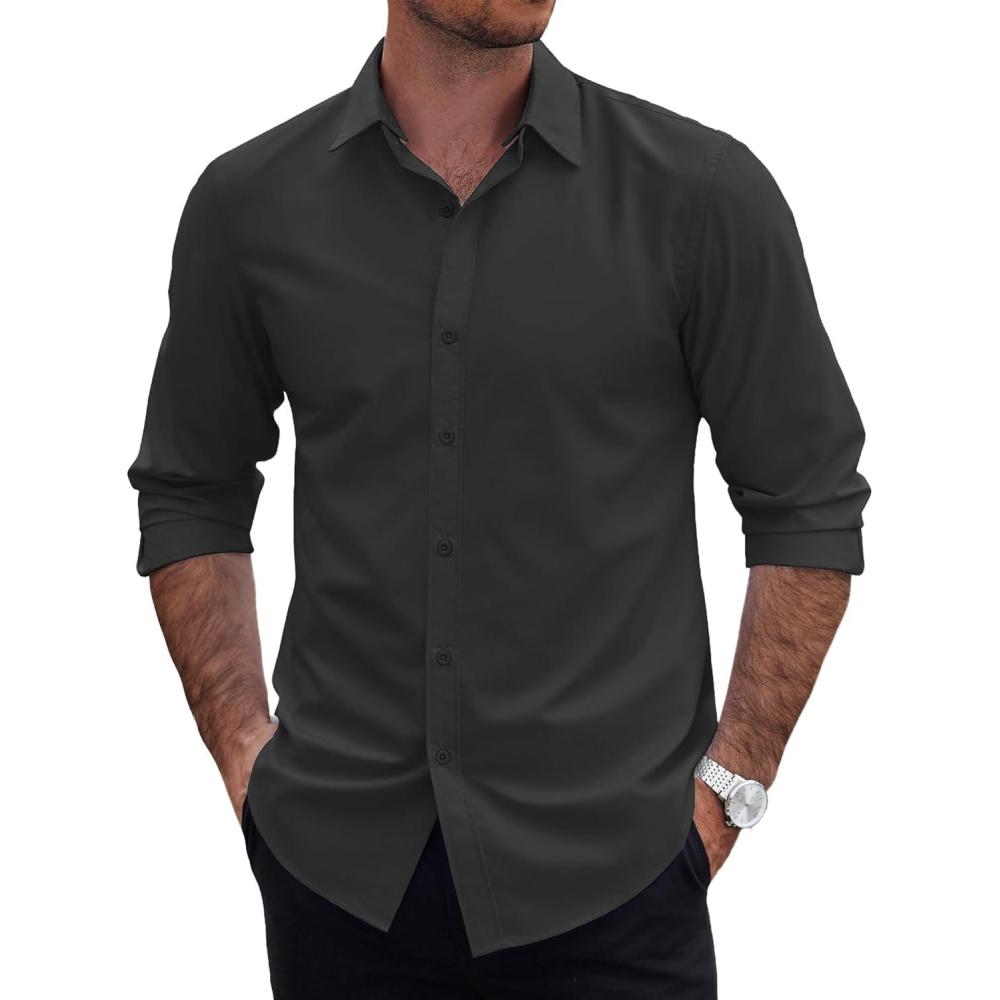 imageCOOFANDY Mens 2in1 Dress Shirts Detachable Collar Long Sleeve Wrinkle Free Shirt Business Casual Button Down ShirtBlack