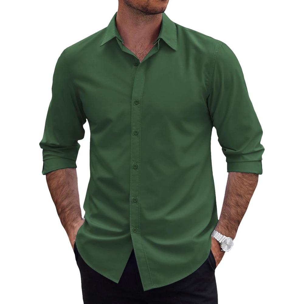 imageCOOFANDY Mens 2in1 Dress Shirts Detachable Collar Long Sleeve Wrinkle Free Shirt Business Casual Button Down ShirtGreen