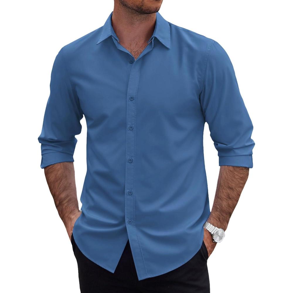 imageCOOFANDY Mens 2in1 Dress Shirts Detachable Collar Long Sleeve Wrinkle Free Shirt Business Casual Button Down ShirtNavy Blue