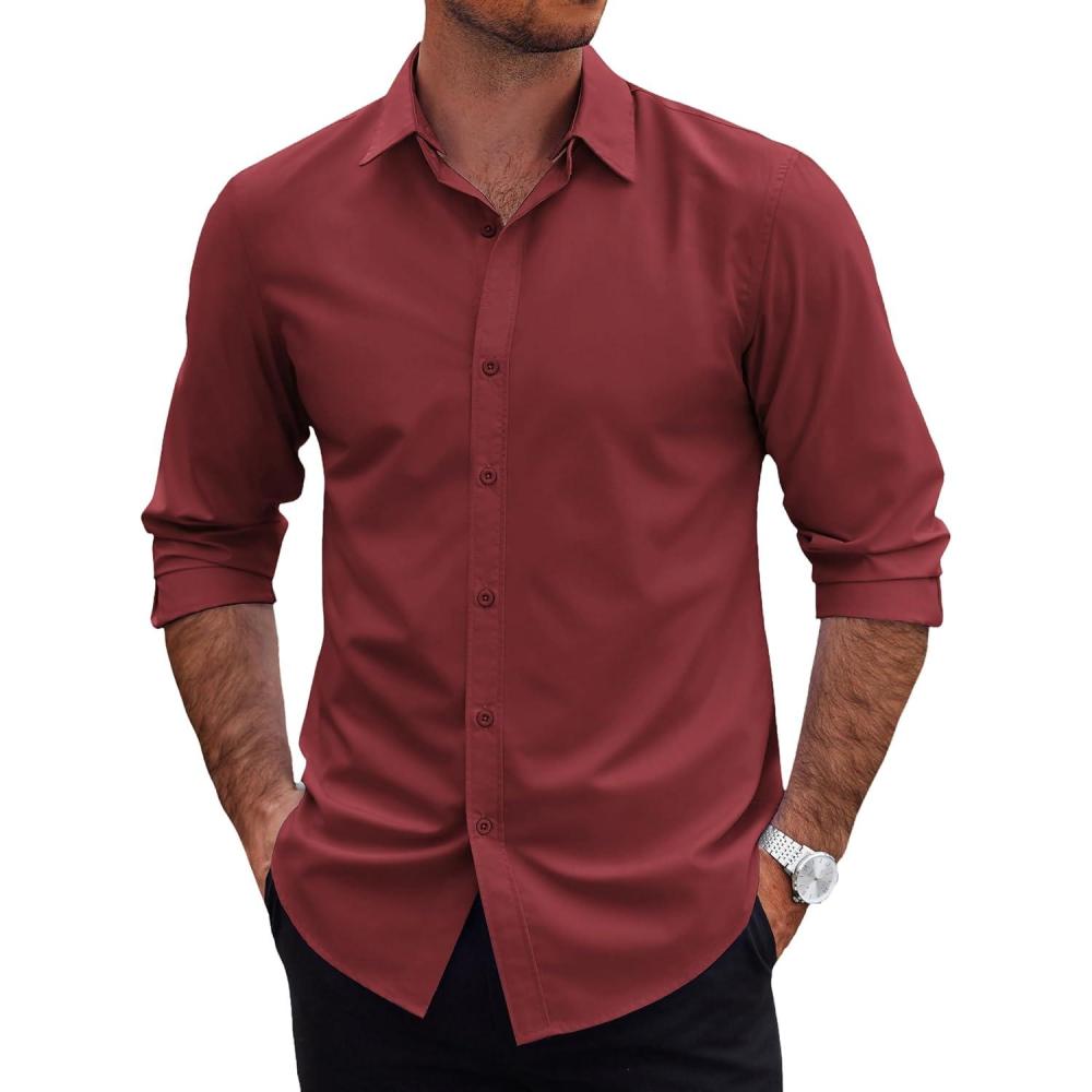 imageCOOFANDY Mens 2in1 Dress Shirts Detachable Collar Long Sleeve Wrinkle Free Shirt Business Casual Button Down ShirtWine Red