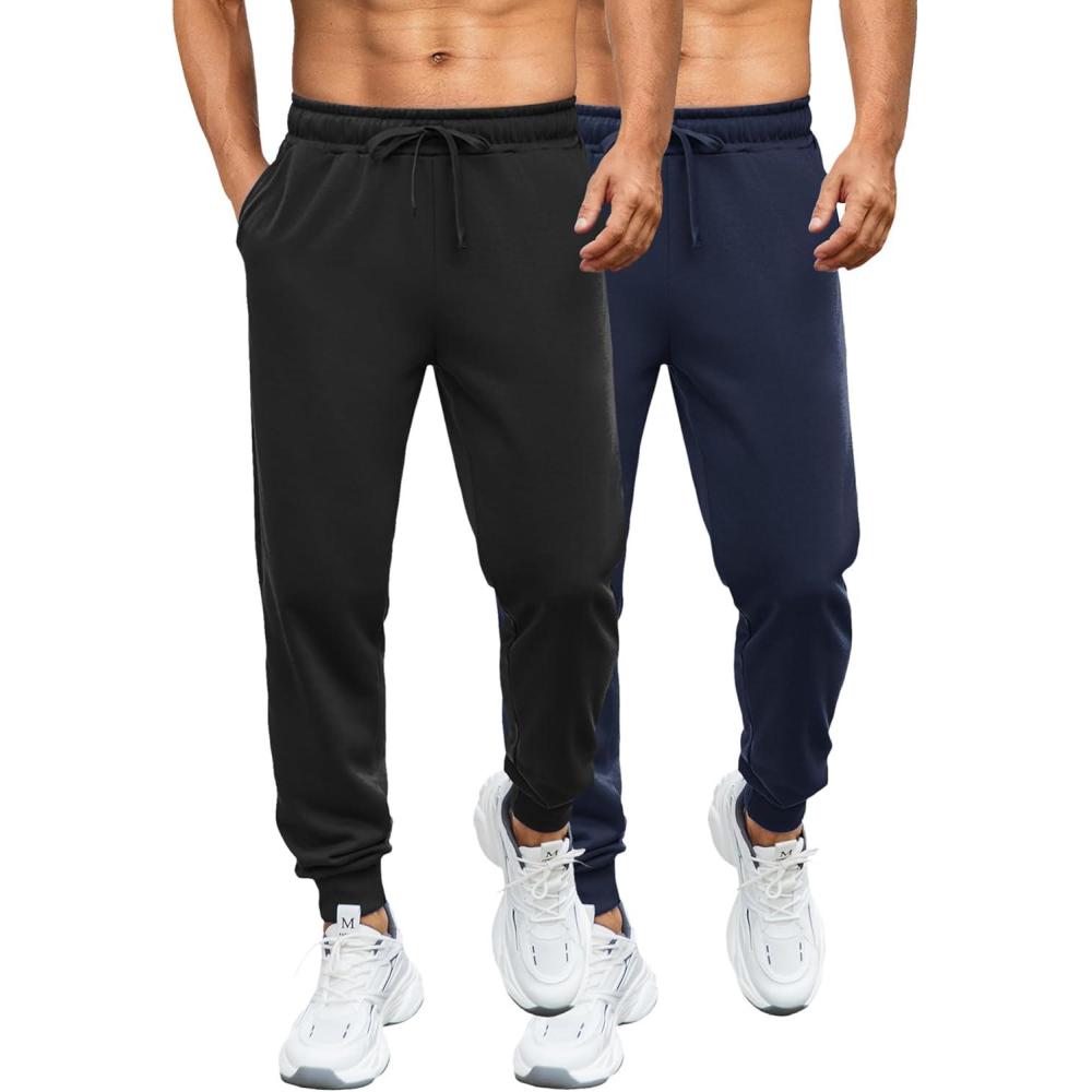 imageCOOFANDY Mens Athletic Joggers Casual Gym Sweatpants Workout Running Track Pants with Pockets2 Pack BlackNavy Blue