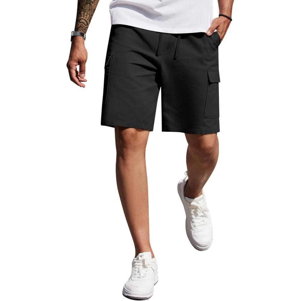 imageCOOFANDY Mens Cargo Shorts 9quot Relaxed Fit Casual Shorts Internal Drawstring Outdoor Hiking Shorts with Multi PocketsBlack