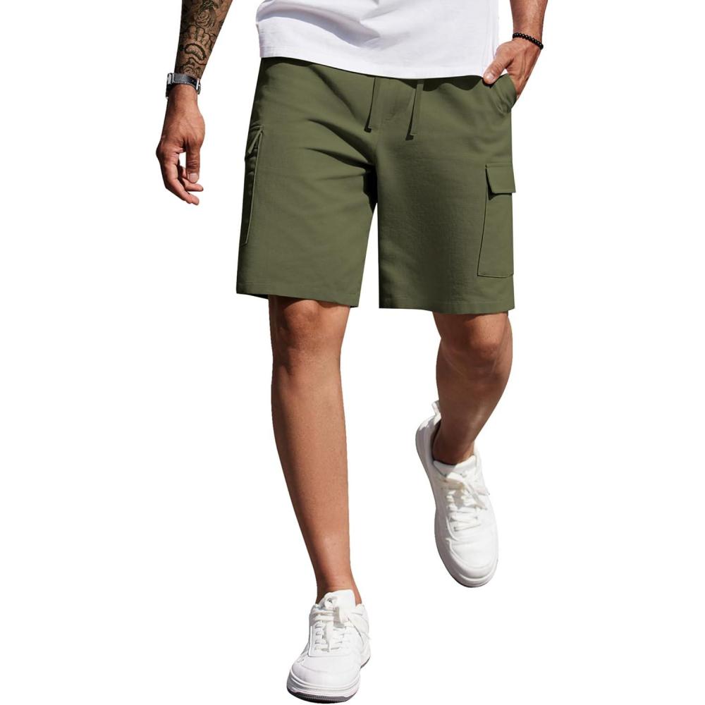 imageCOOFANDY Mens Cargo Shorts 9quot Relaxed Fit Casual Shorts Internal Drawstring Outdoor Hiking Shorts with Multi PocketsDark Army Green