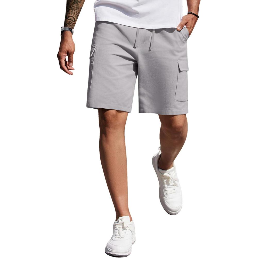 imageCOOFANDY Mens Cargo Shorts 9quot Relaxed Fit Casual Shorts Internal Drawstring Outdoor Hiking Shorts with Multi PocketsLight Grey