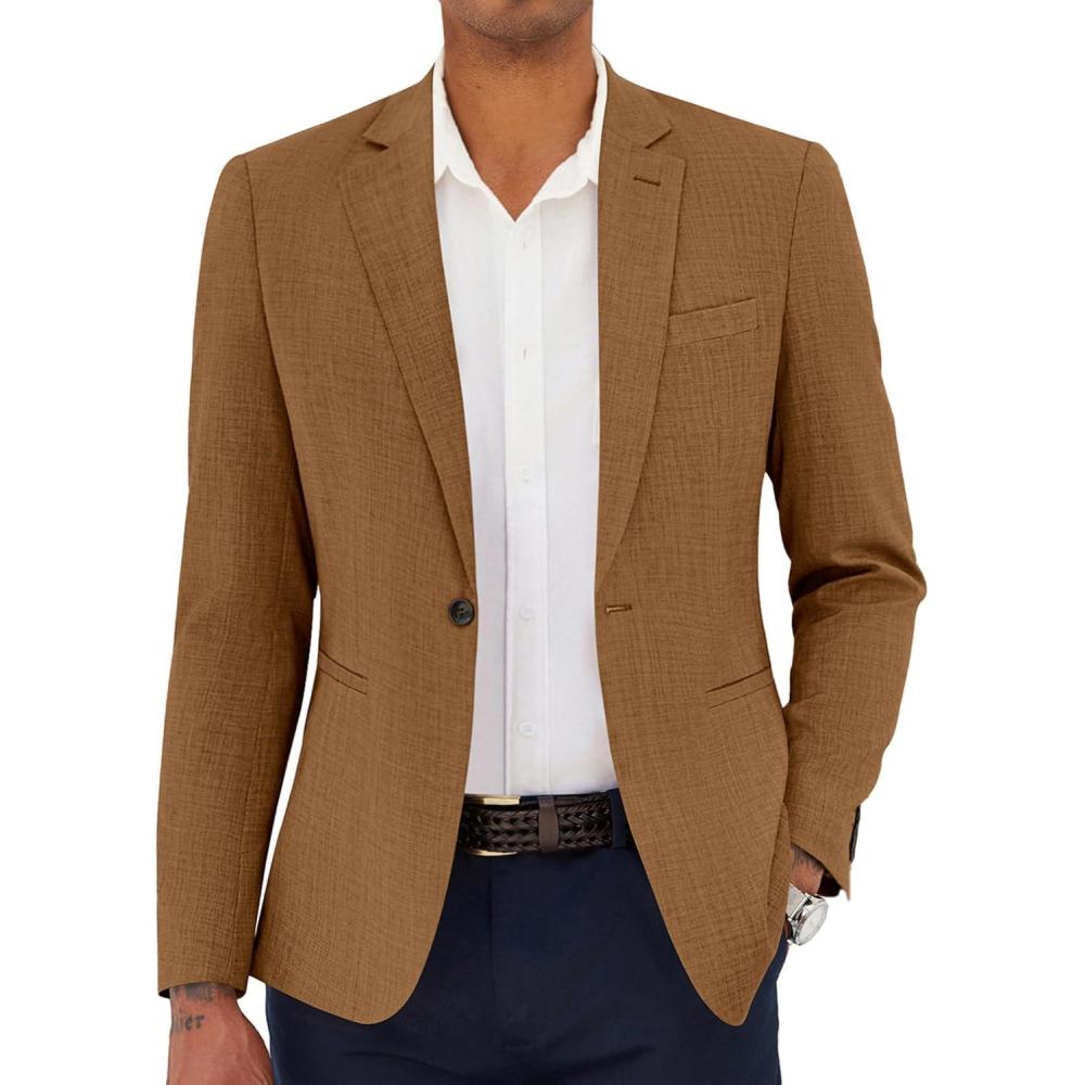 imageCOOFANDY Mens Casual Blazer Slim Fit Lightweight Sport Coat One Button Suit JacketBrown