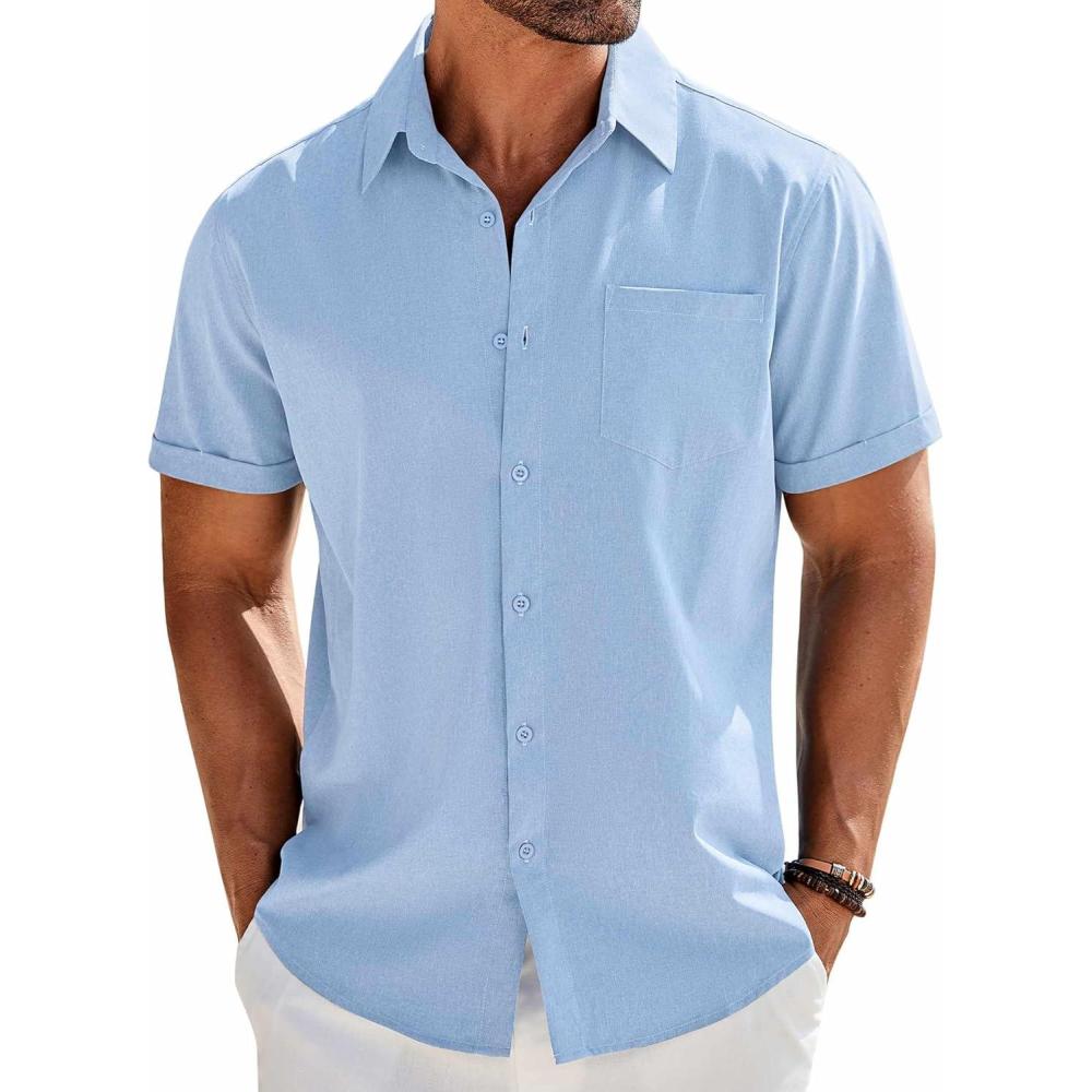 imageCOOFANDY Mens Casual Button Down Shirts Short Sleeve Summer Beach Vacation Untucked Dress Shirts with PocketClear Blue