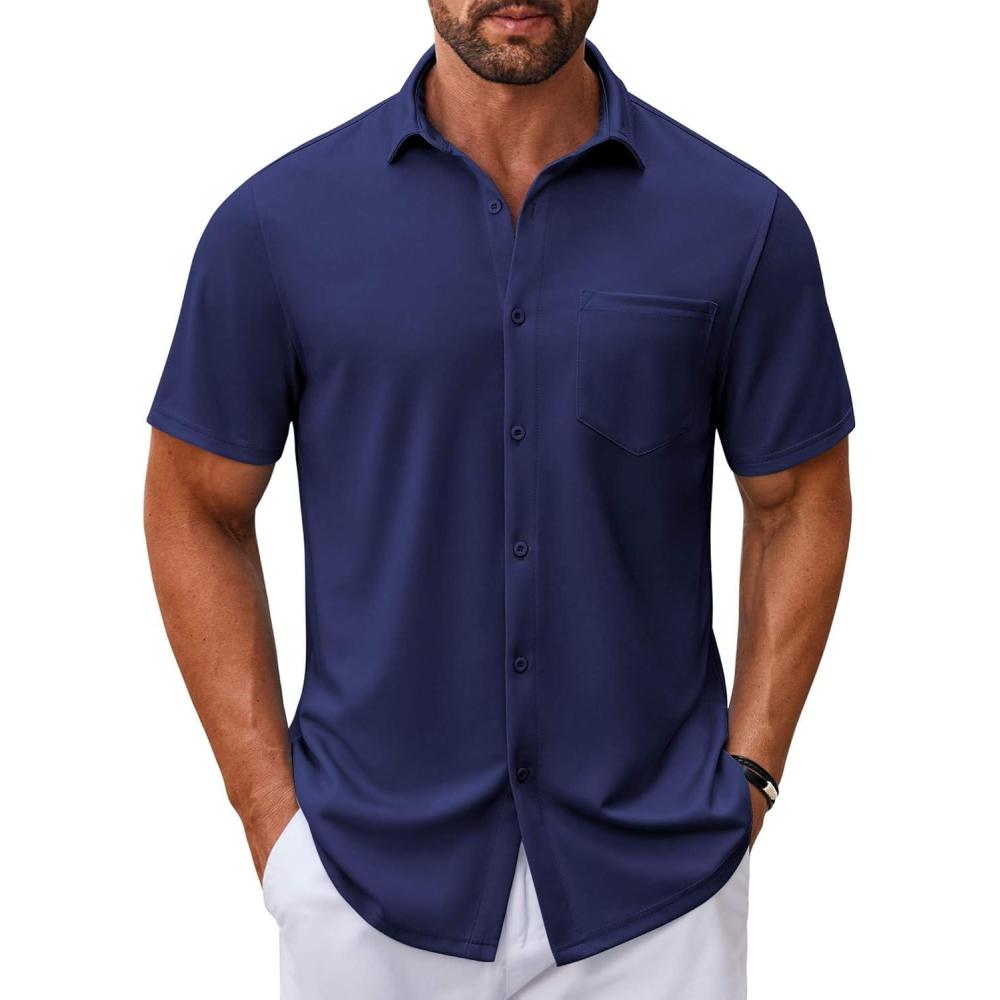 imageCOOFANDY Mens Casual Button Down Shirts Short Sleeve Summer Beach Vacation Untucked Dress Shirts with PocketDeep Blue