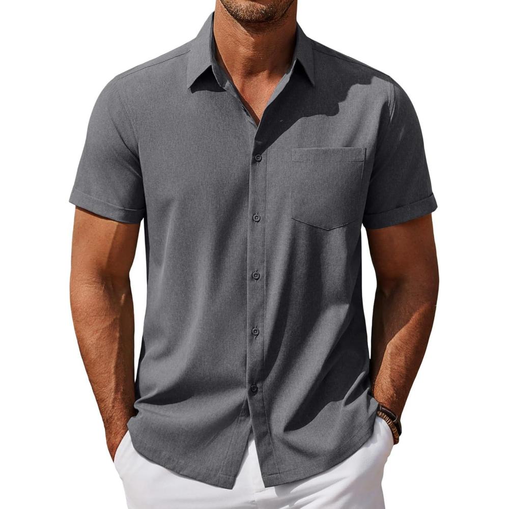 imageCOOFANDY Mens Casual Button Down Shirts Short Sleeve Summer Beach Vacation Untucked Dress Shirts with PocketGray