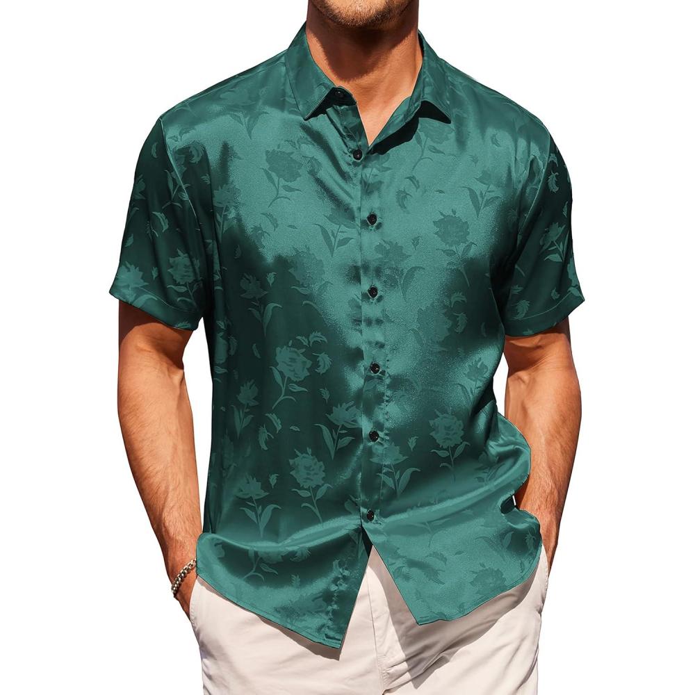 imageCOOFANDY Mens Casual Button Down Shirts Short Sleeve Summer Beach Vacation Untucked Dress Shirts with PocketGreen