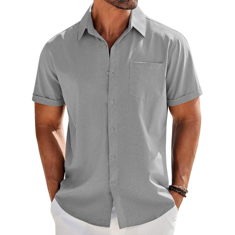 imageCOOFANDY Mens Casual Button Down Shirts Short Sleeve Summer Beach Vacation Untucked Dress Shirts with PocketGrey