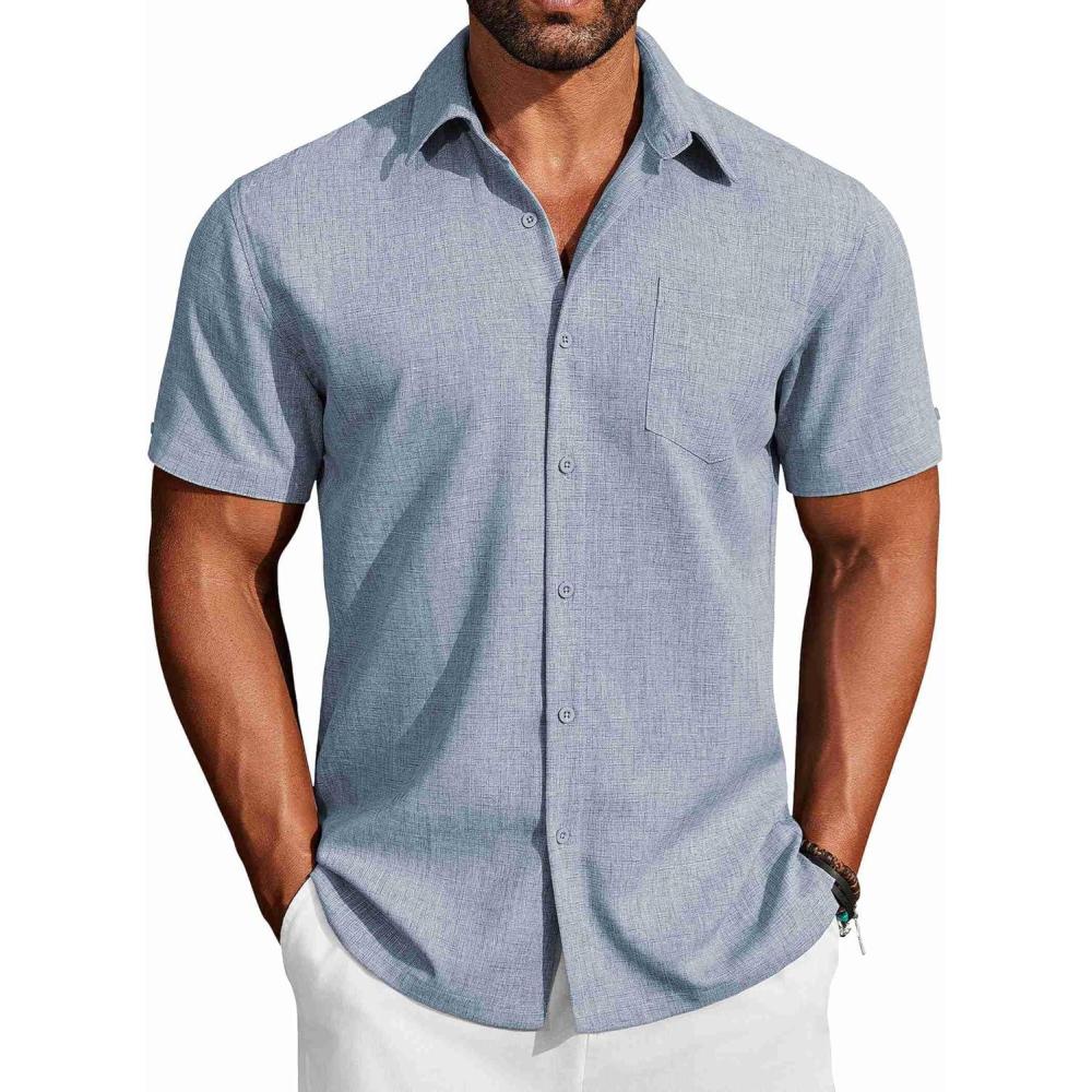 imageCOOFANDY Mens Casual Button Down Shirts Short Sleeve Summer Beach Vacation Untucked Dress Shirts with PocketLight Denim Blue