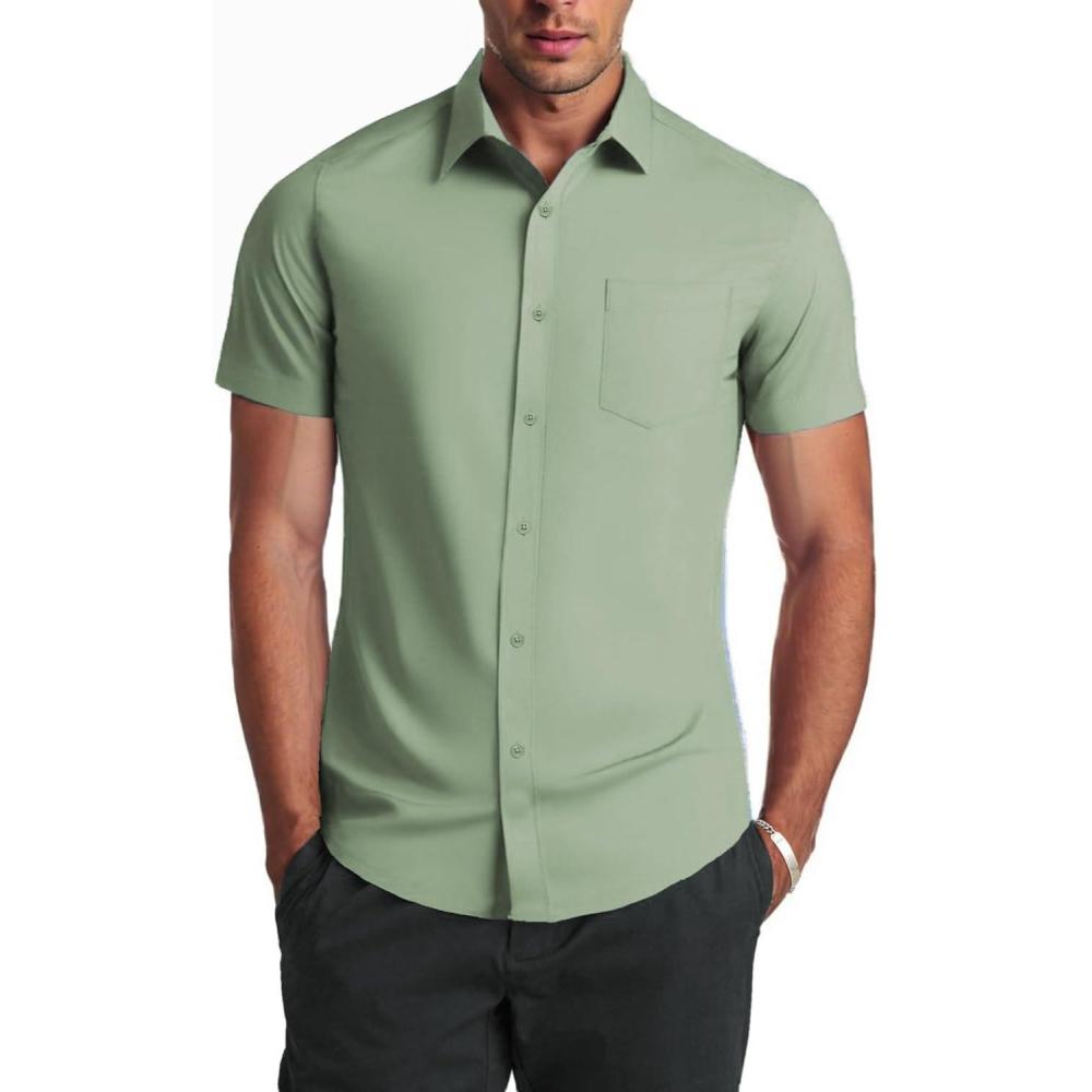 imageCOOFANDY Mens Casual Button Down Shirts Short Sleeve Summer Beach Vacation Untucked Dress Shirts with PocketLight Green