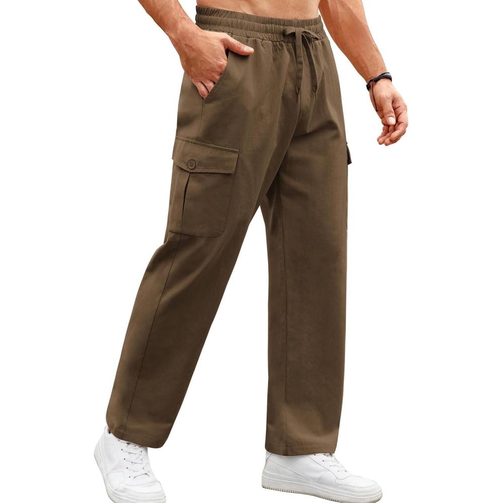 imageCOOFANDY Mens Casual Cargo Pants Relaxed Fit Outdoor Hiking Pants Cotton Drawstring Sweatpants with PocketsBrown