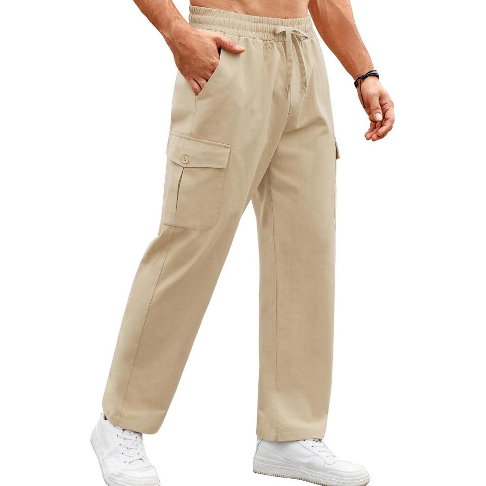 imageCOOFANDY Mens Casual Cargo Pants Relaxed Fit Outdoor Hiking Pants Cotton Drawstring Sweatpants with PocketsLight Khaki