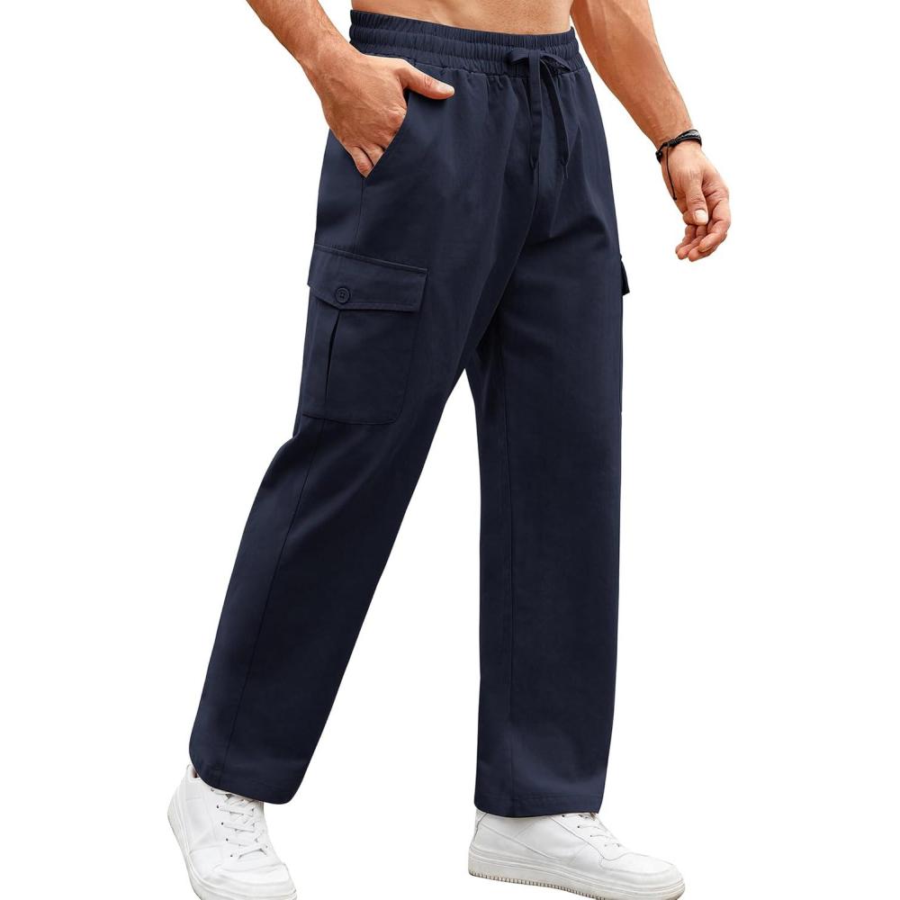 imageCOOFANDY Mens Casual Cargo Pants Relaxed Fit Outdoor Hiking Pants Cotton Drawstring Sweatpants with PocketsNavy Blue