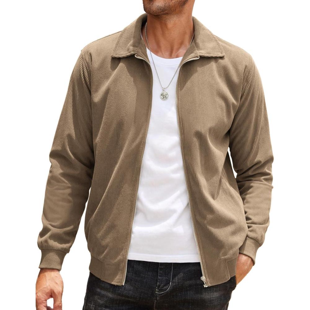 imageCOOFANDY Mens Casual Corduroy Jacket Lightweight Zip Up Vintage Jacket Collared Bomber JacketAkhaki