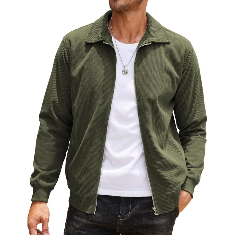 imageCOOFANDY Mens Casual Corduroy Jacket Lightweight Zip Up Vintage Jacket Collared Bomber JacketArmy Green