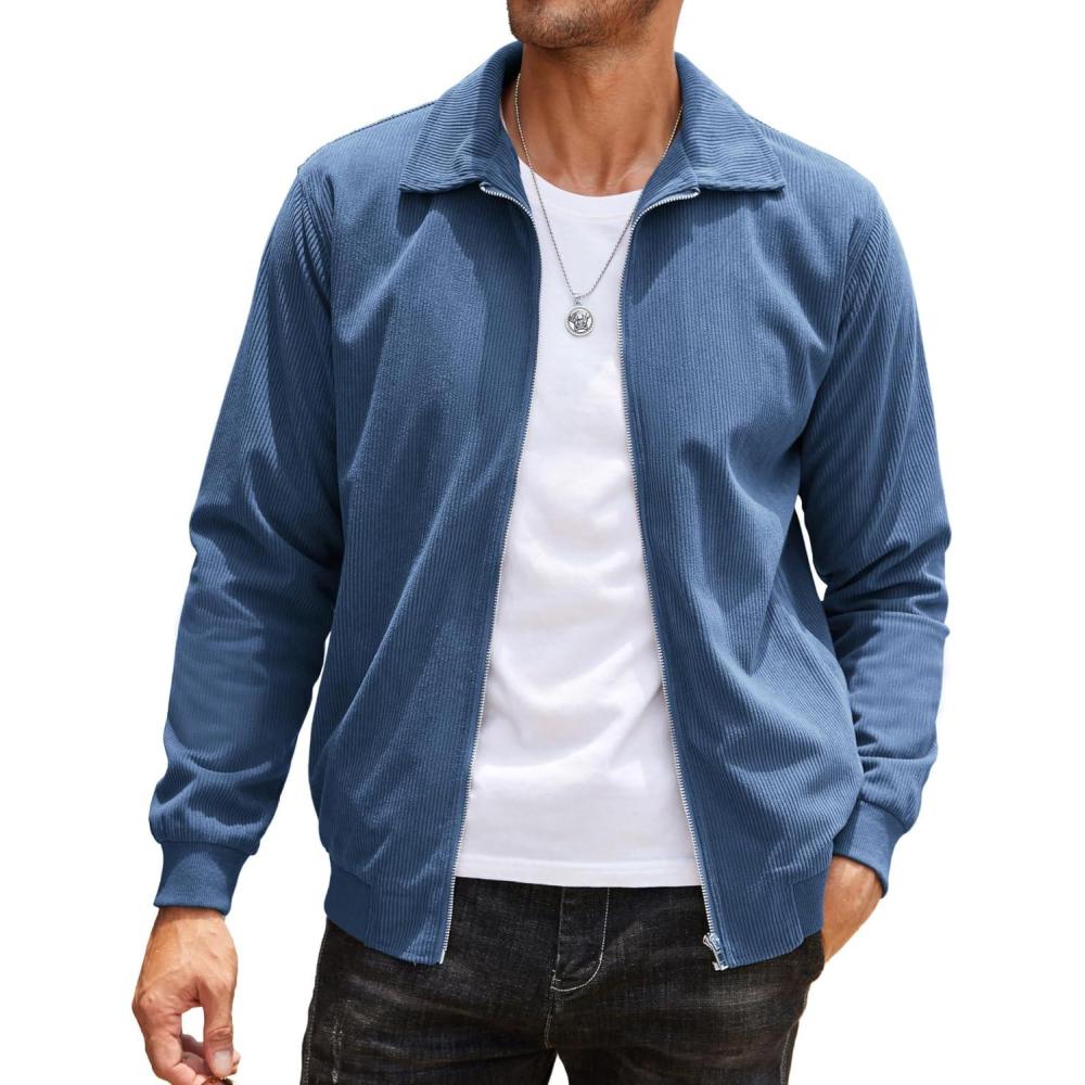 imageCOOFANDY Mens Casual Corduroy Jacket Lightweight Zip Up Vintage Jacket Collared Bomber JacketBlue