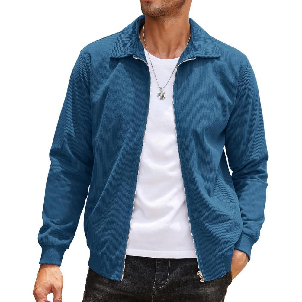 imageCOOFANDY Mens Casual Corduroy Jacket Lightweight Zip Up Vintage Jacket Collared Bomber JacketLake Blue