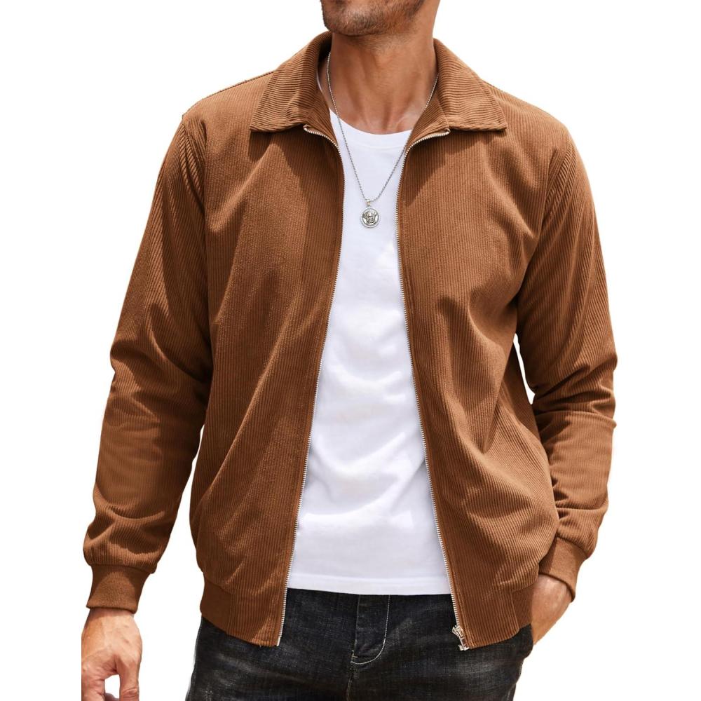imageCOOFANDY Mens Casual Corduroy Jacket Lightweight Zip Up Vintage Jacket Collared Bomber JacketLight Brown