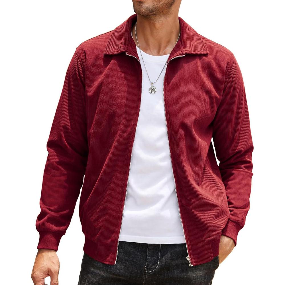 imageCOOFANDY Mens Casual Corduroy Jacket Lightweight Zip Up Vintage Jacket Collared Bomber JacketWine Red