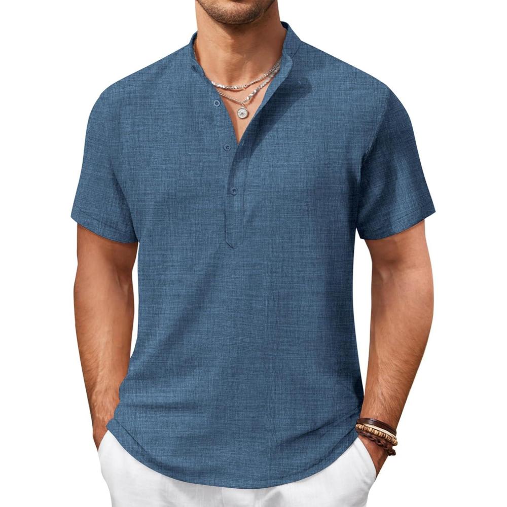 imageCOOFANDY Mens Casual Henley Shirt Short Sleeve Summer Shirts Linen Band Collar Summer Beach Hippie TShirtsDark Blue