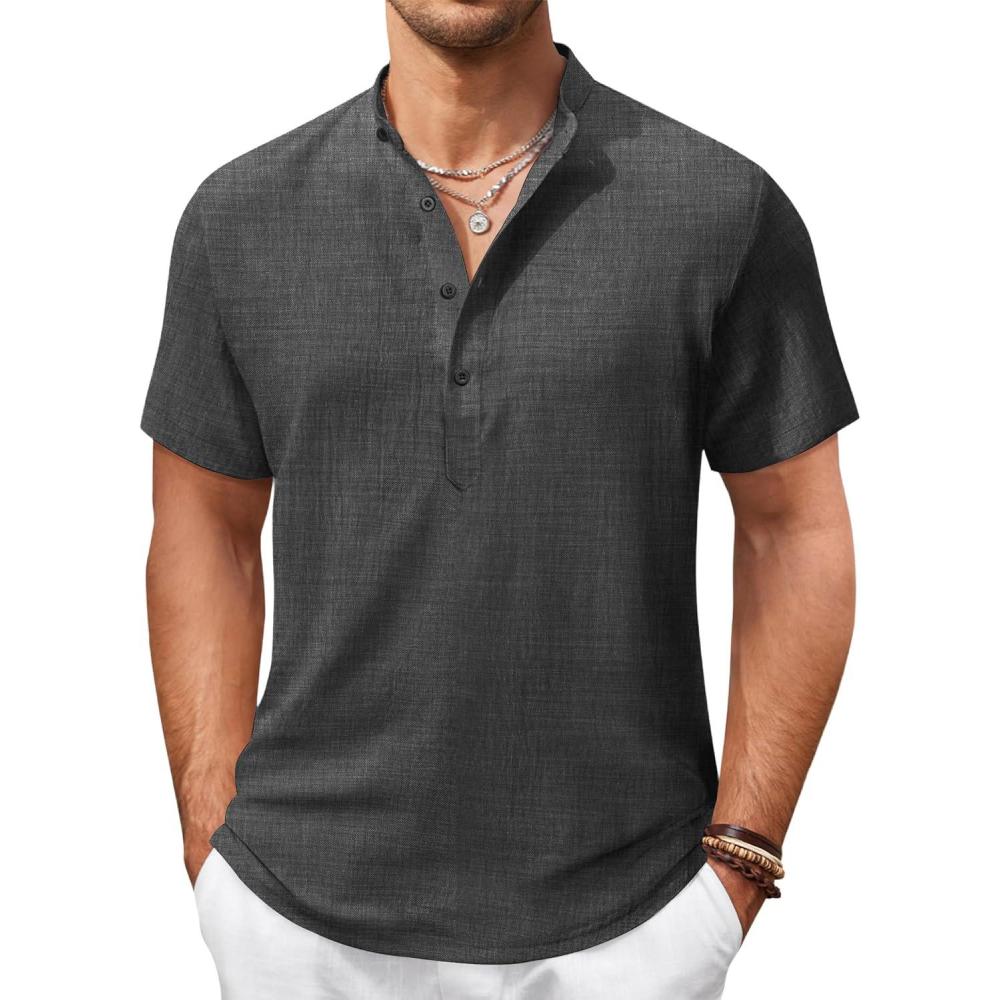 imageCOOFANDY Mens Casual Henley Shirt Short Sleeve Summer Shirts Linen Band Collar Summer Beach Hippie TShirtsDark Grey