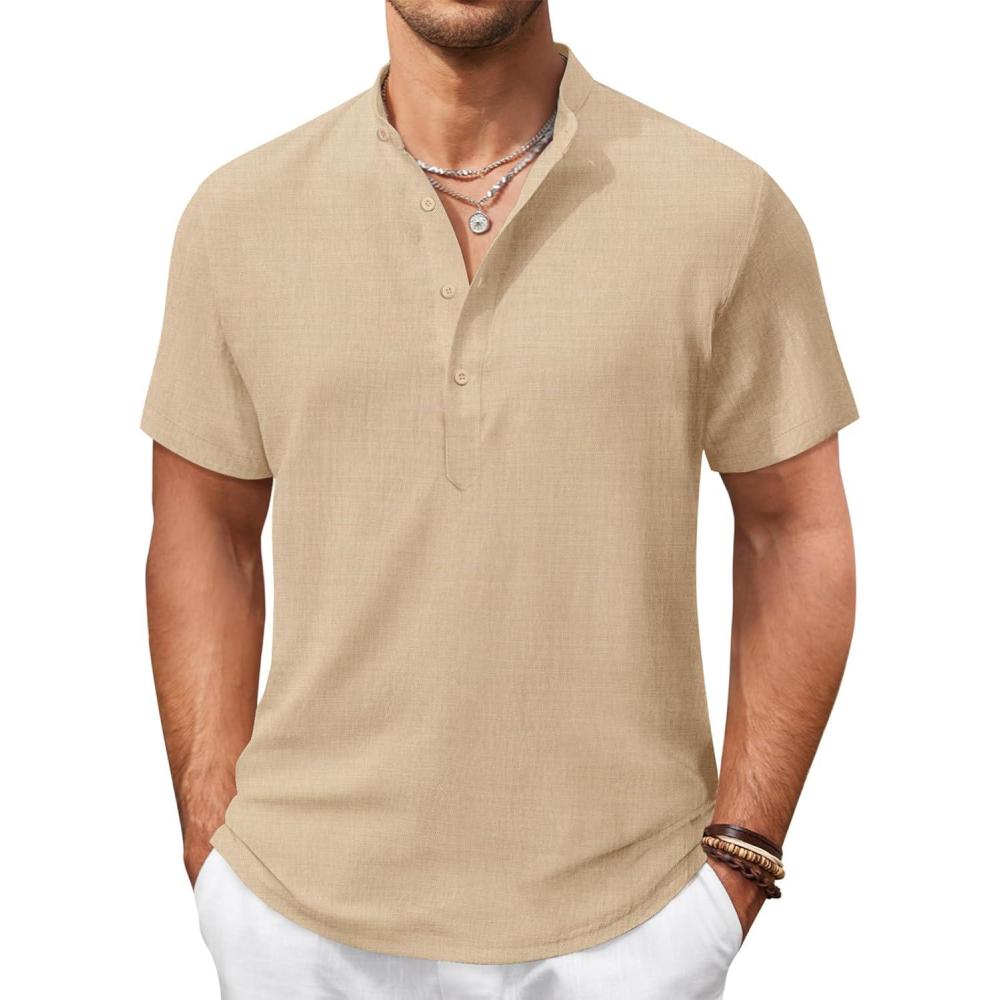 imageCOOFANDY Mens Casual Henley Shirt Short Sleeve Summer Shirts Linen Band Collar Summer Beach Hippie TShirtsKhaki