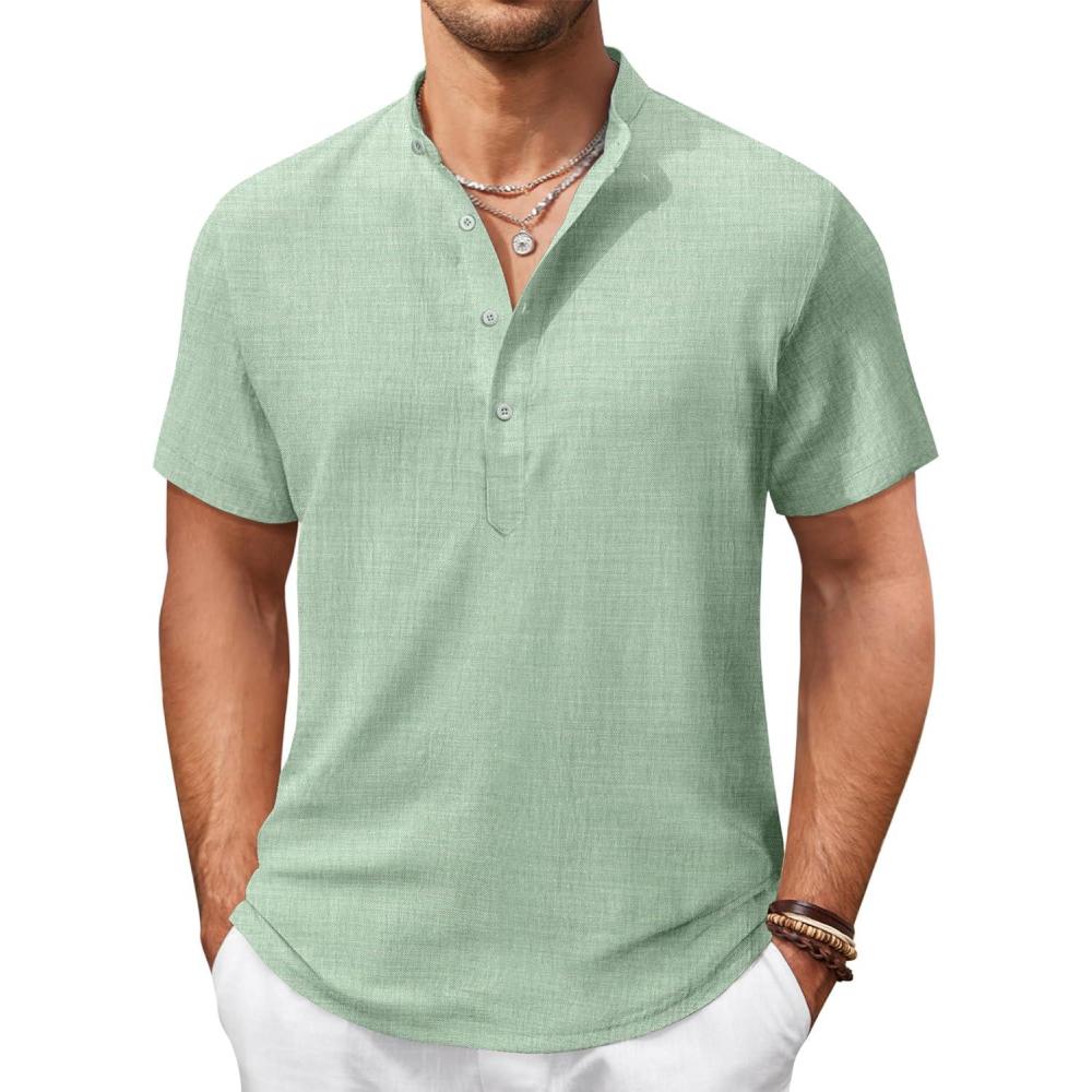 imageCOOFANDY Mens Casual Henley Shirt Short Sleeve Summer Shirts Linen Band Collar Summer Beach Hippie TShirtsLight Green