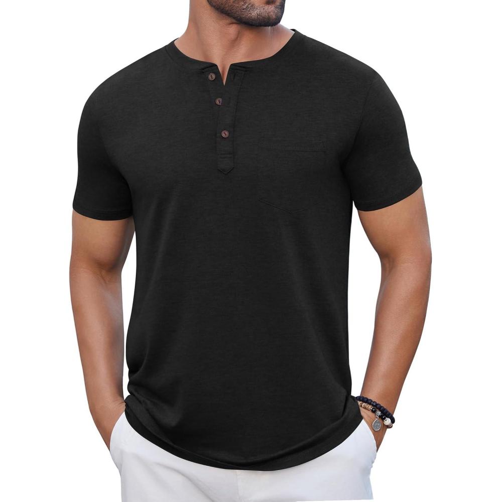 imageCOOFANDY Mens Casual Henley Shirts Short Sleeve Pocket TShirts Lightweight Button Henley Pullover Basic TeesBlack