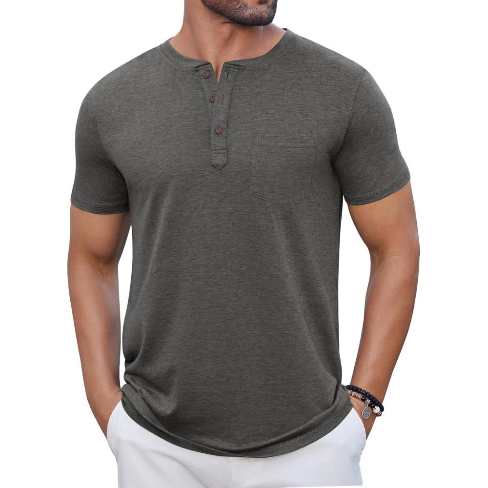 imageCOOFANDY Mens Casual Henley Shirts Short Sleeve Pocket TShirts Lightweight Button Henley Pullover Basic TeesDark Grey