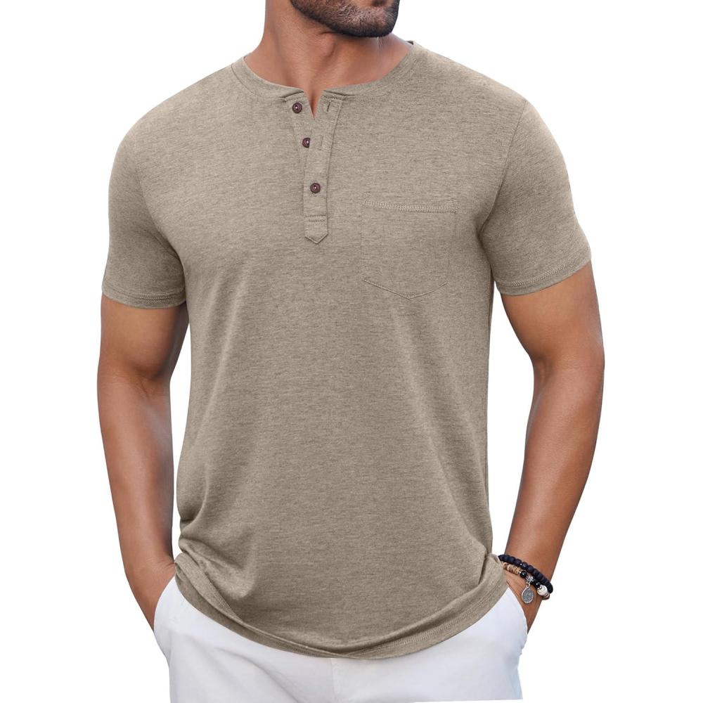 imageCOOFANDY Mens Casual Henley Shirts Short Sleeve Pocket TShirts Lightweight Button Henley Pullover Basic TeesDark Khaki