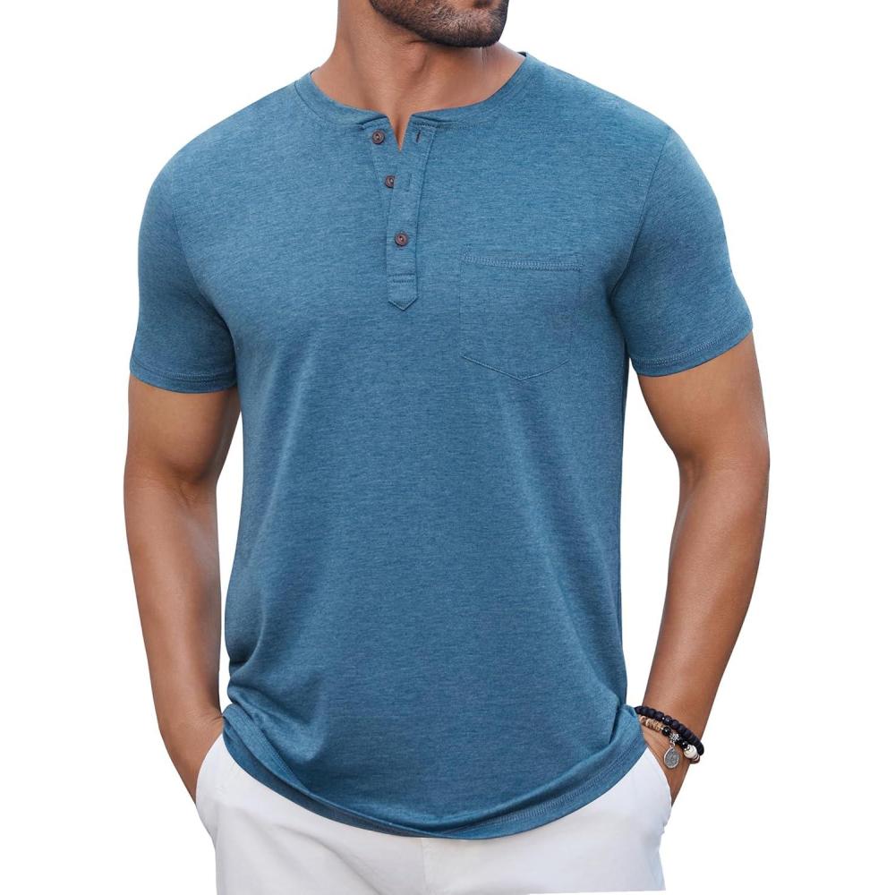 imageCOOFANDY Mens Casual Henley Shirts Short Sleeve Pocket TShirts Lightweight Button Henley Pullover Basic TeesDemin Blue