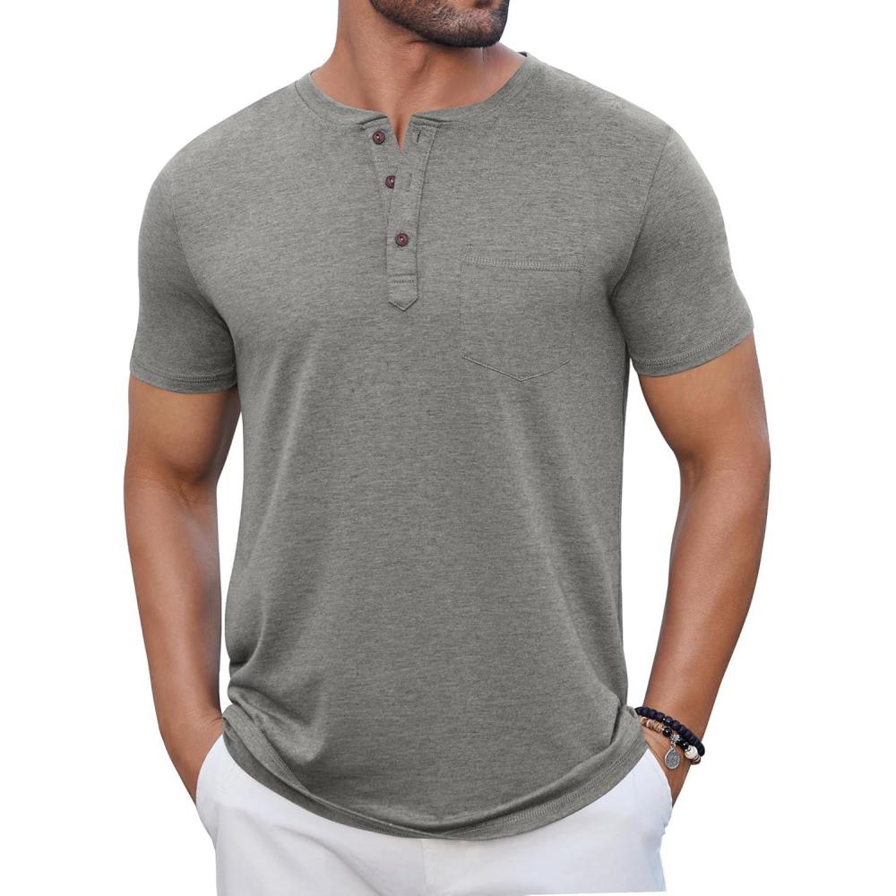 imageCOOFANDY Mens Casual Henley Shirts Short Sleeve Pocket TShirts Lightweight Button Henley Pullover Basic TeesLight Grey