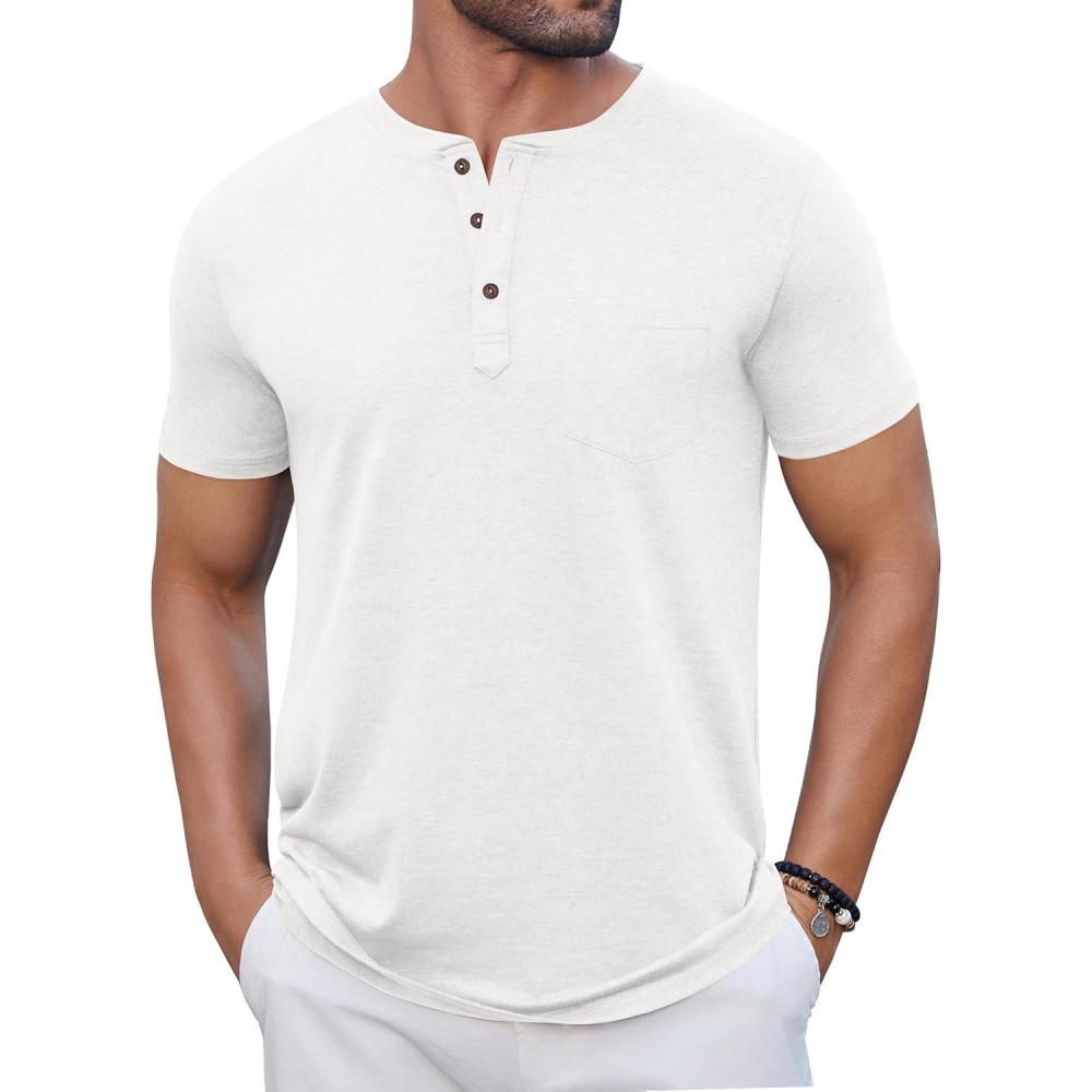 imageCOOFANDY Mens Casual Henley Shirts Short Sleeve Pocket TShirts Lightweight Button Henley Pullover Basic TeesWhite