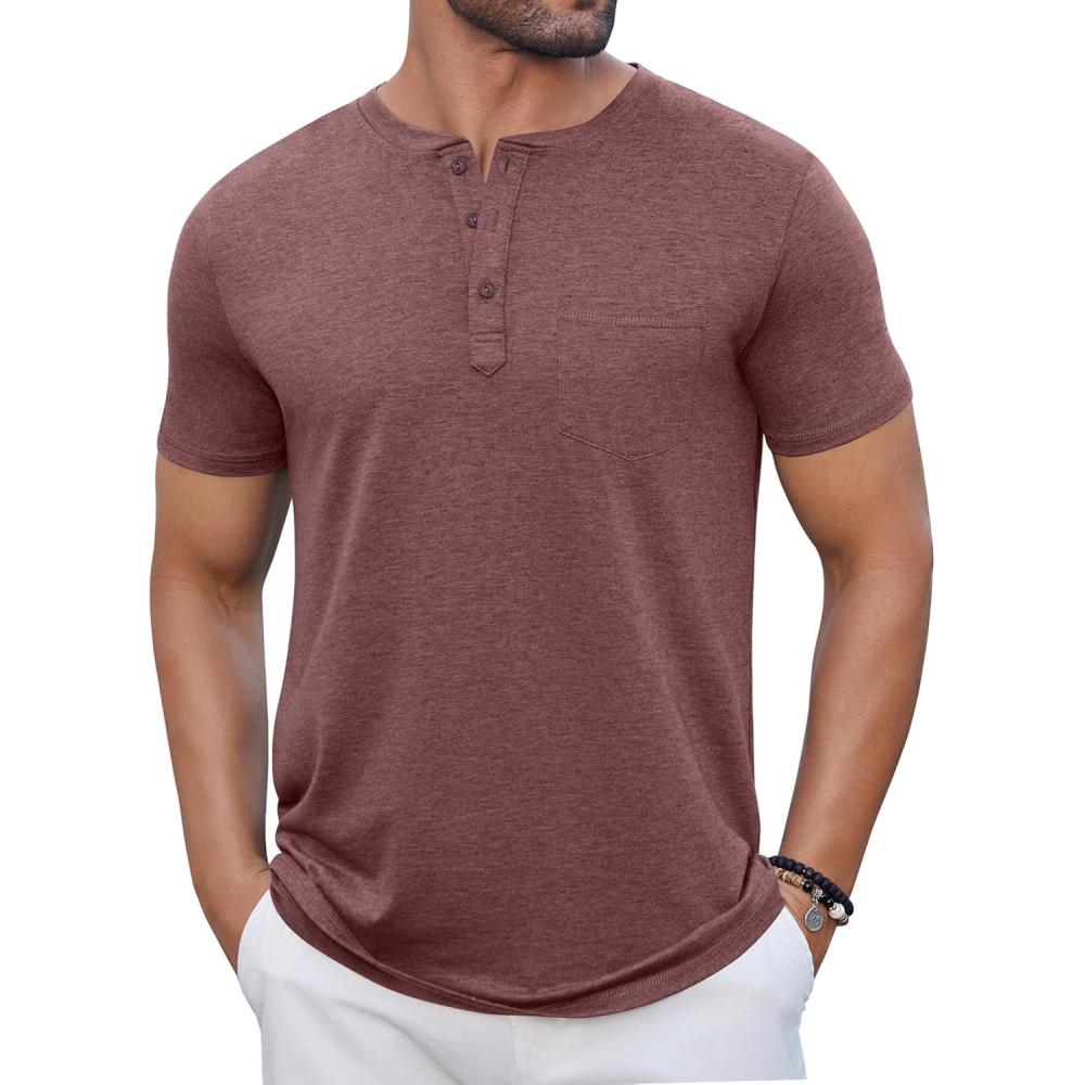 imageCOOFANDY Mens Casual Henley Shirts Short Sleeve Pocket TShirts Lightweight Button Henley Pullover Basic TeesWine Red